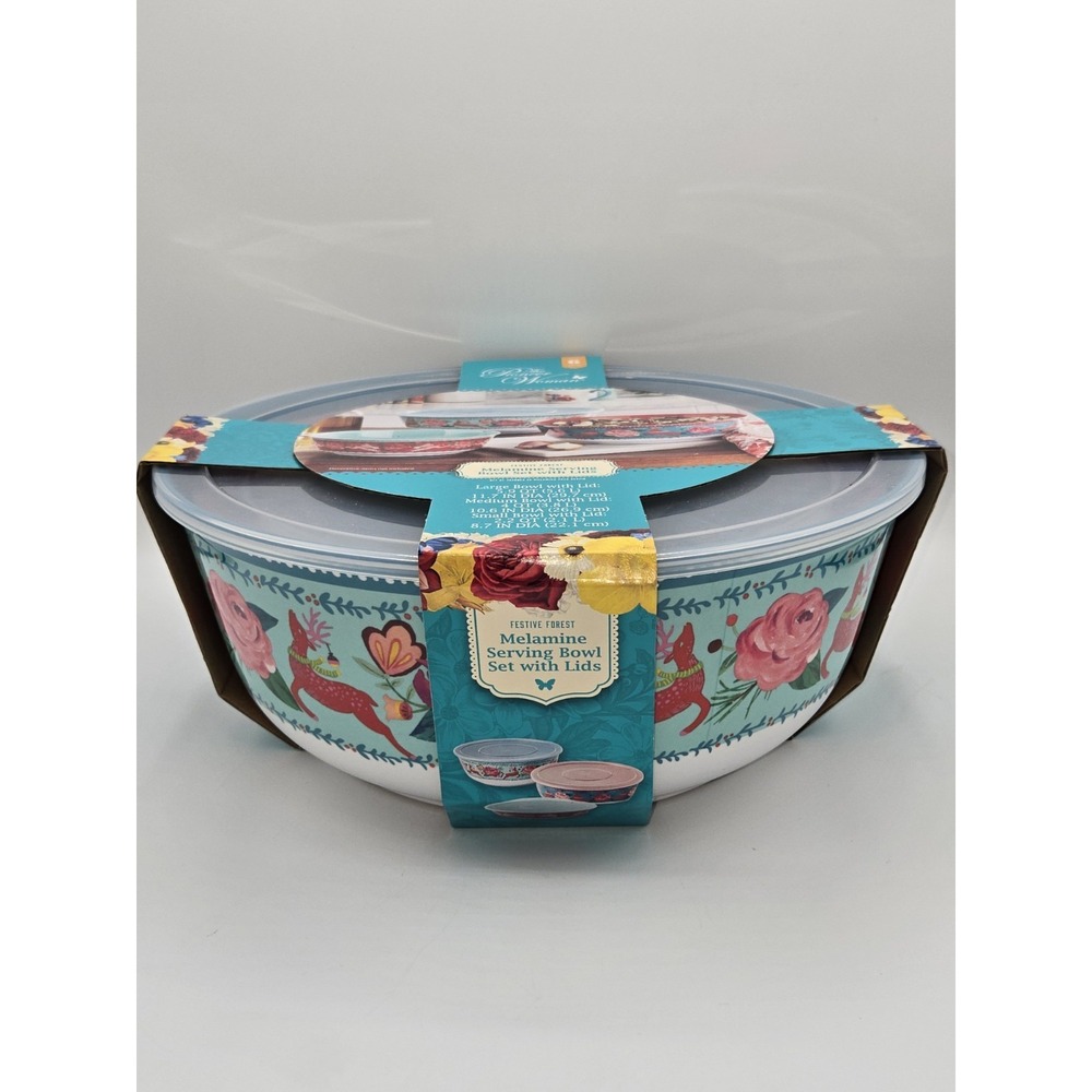 The Pioneer Woman 6 Piece Festive Forest Melamine Serving Bowl with Lids Set NWT